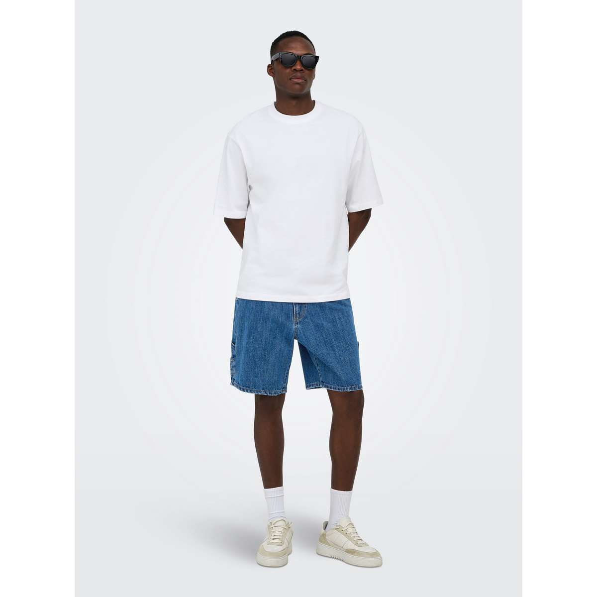 ONLY & SONS MENS LOOSE FIT COTTON FADE CARP. MB DOT DENIM SHORTS WW BLUE